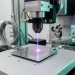 UVレーザーが薄い金属に微細穴を開ける様子。波長355nmの紫色ビームによる低熱影響加工