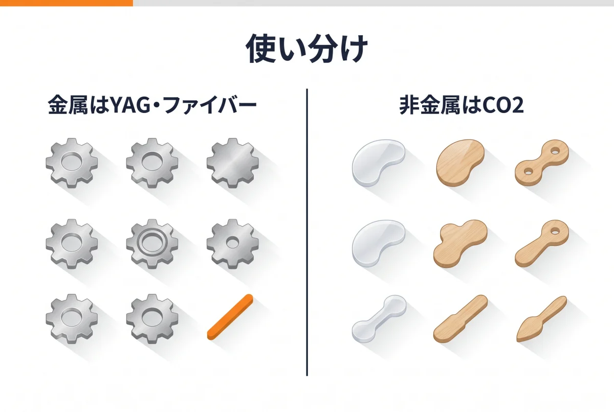 金属はYAG・ファイバー、非金属はCO2という使い分けマップ
