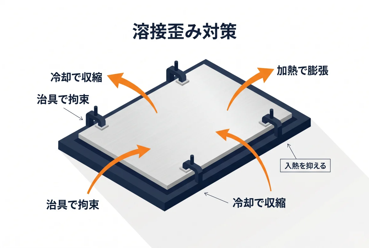 ステンレス溶接の歪み発生と対策を示す概念図
