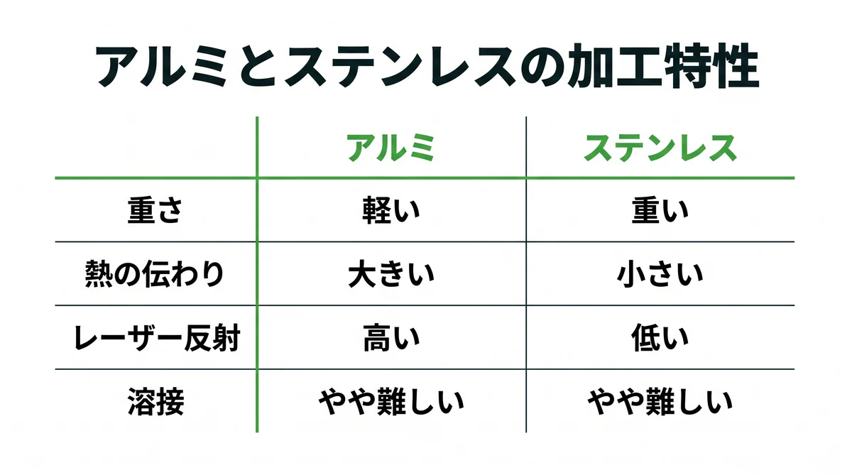 アルミとステンレスの加工特性比較表