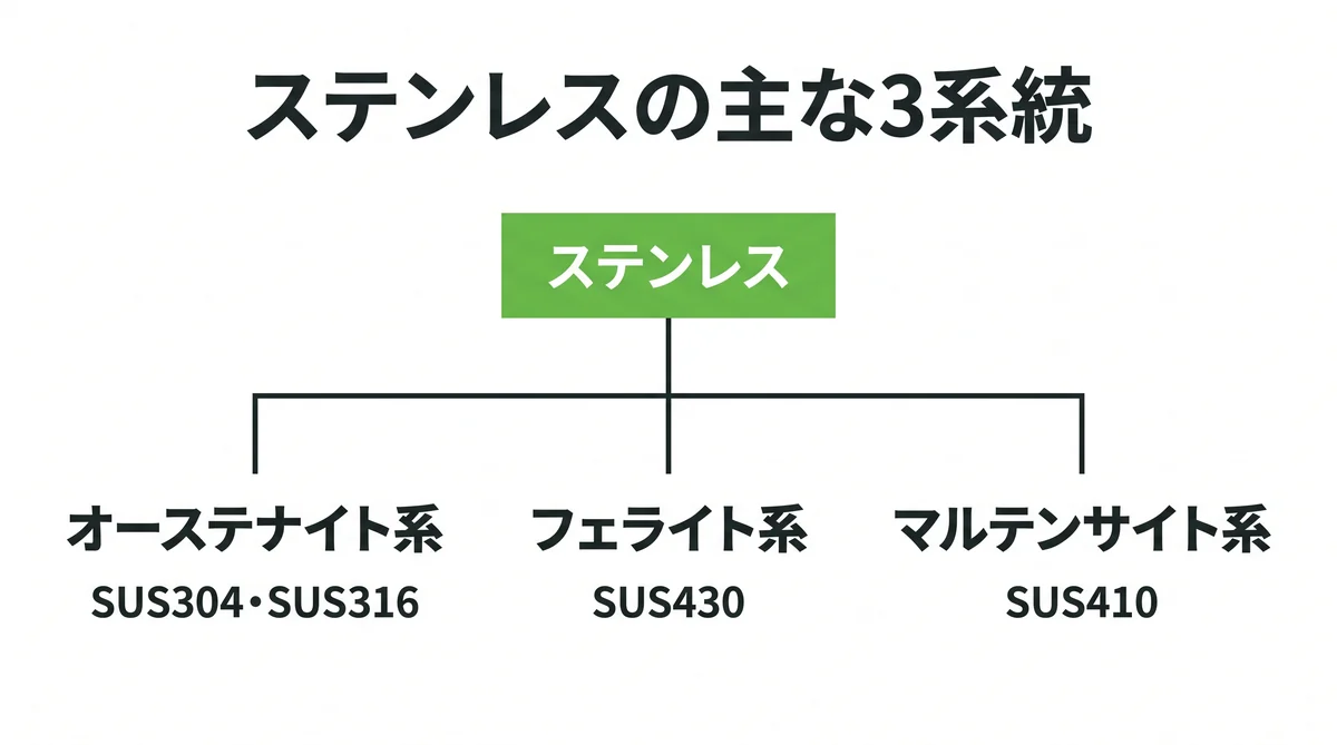 ステンレスの主な3系統の分類図