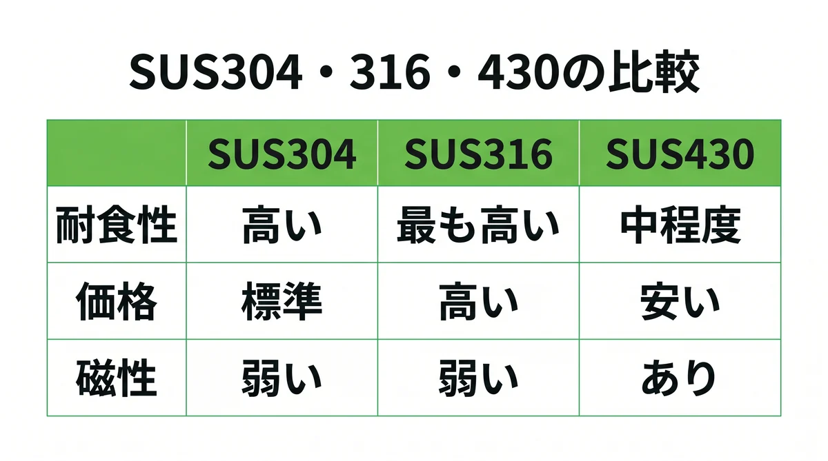SUS304・316・430の特性比較表