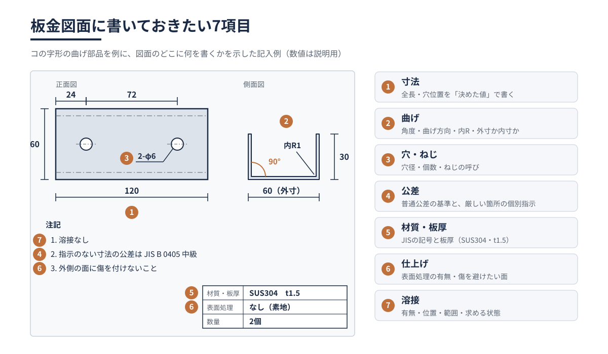 コの字形の曲げ部品の図面例に、寸法・曲げ・穴・公差・材質と板厚・仕上げ・溶接の7項目の書き場所を示した図